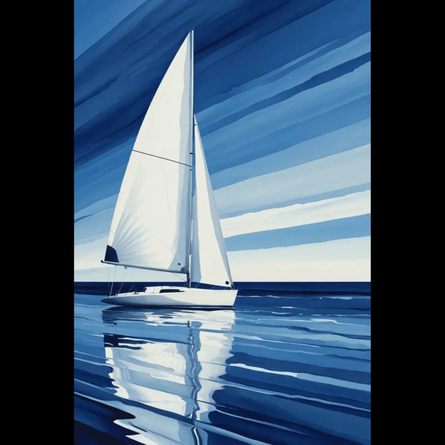 Tidal Veil Minimalist Sailboat Seascape Art Print 1 Minimalist sailboat seascape wall art featuring a solitary vessel, reflective water, and an open horizon. Fine art print from the ColorVanta US Store.