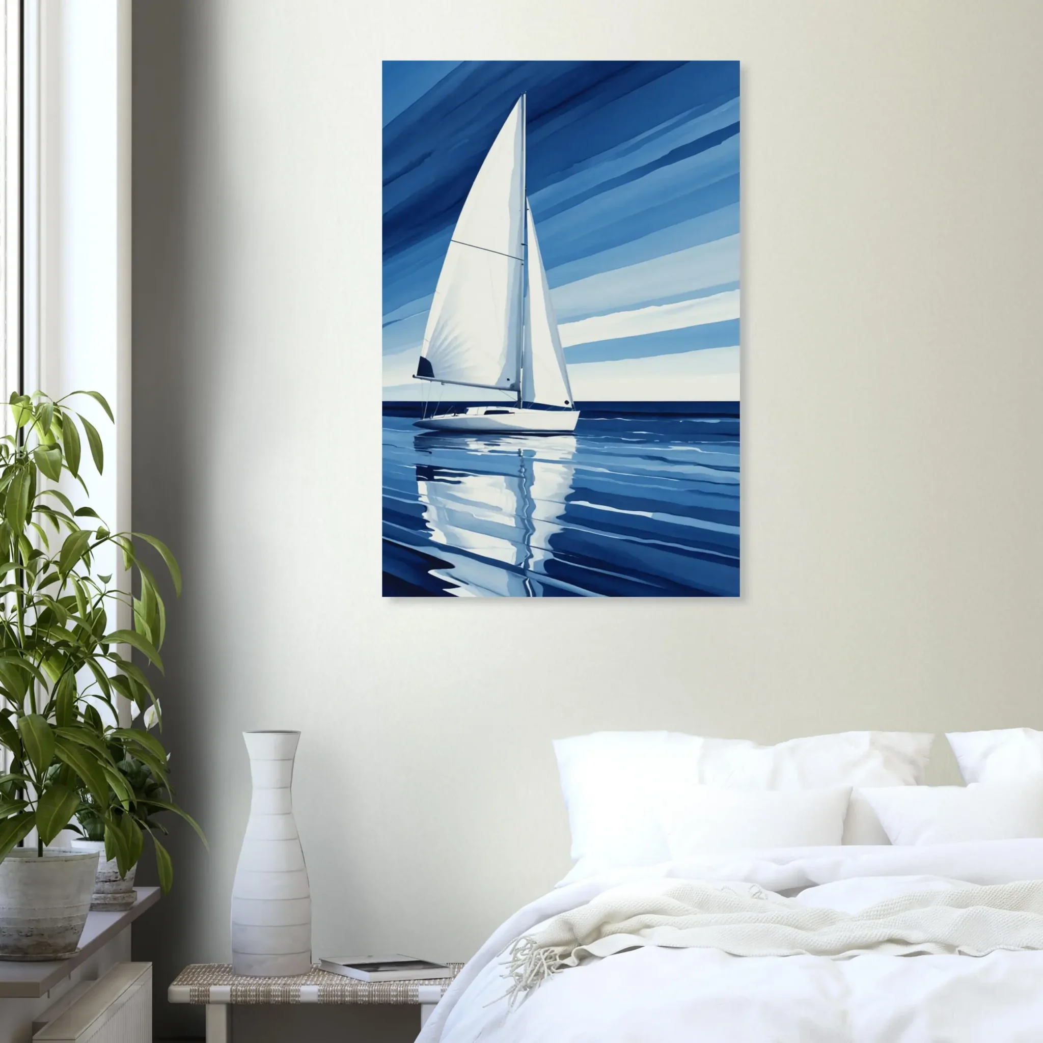 Minimalist sailboat seascape wall art featuring a solitary vessel, reflective water, and an open horizon. Fine art print from the ColorVanta US Store.