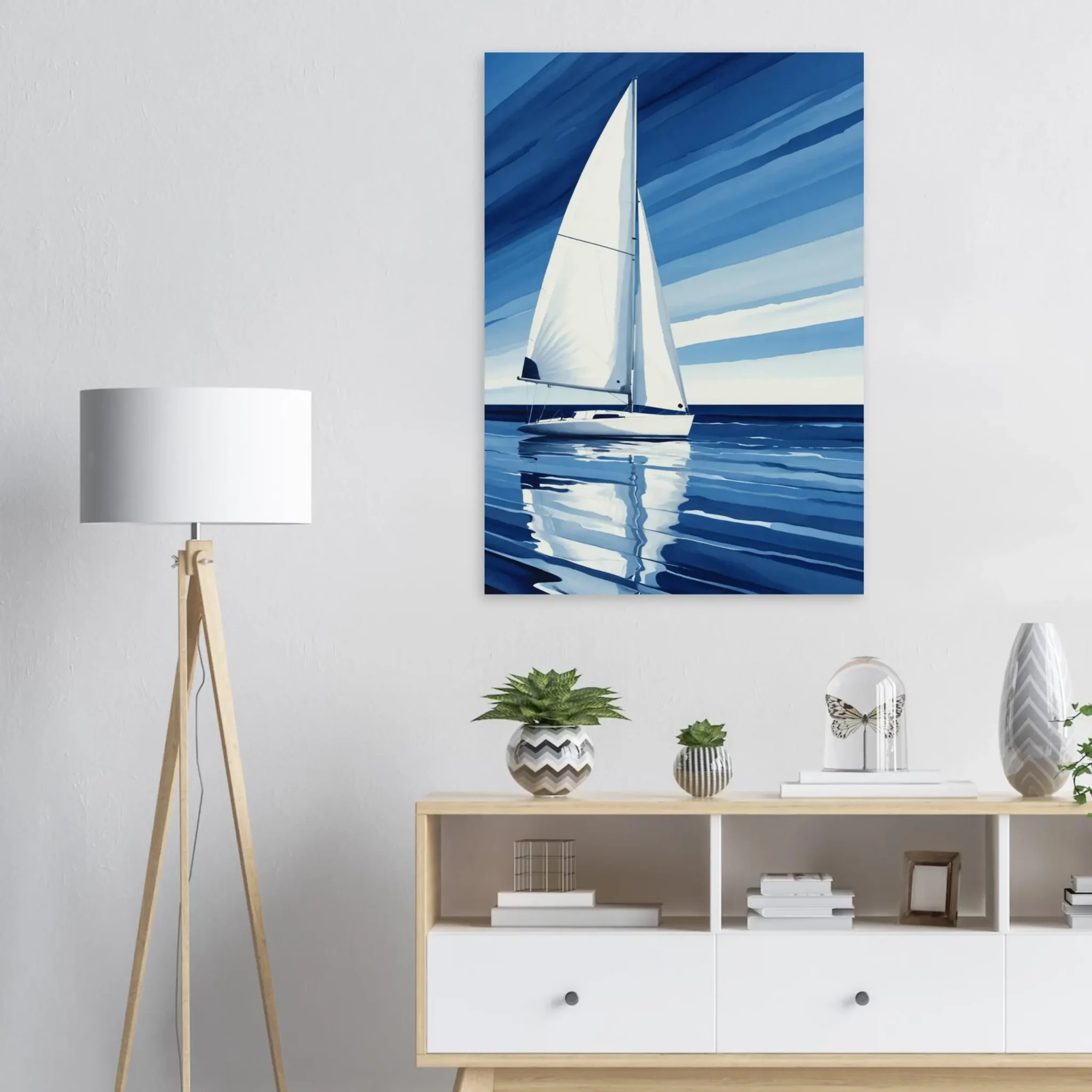 Minimalist sailboat seascape wall art featuring a solitary vessel, reflective water, and an open horizon. Fine art print from the ColorVanta US Store.