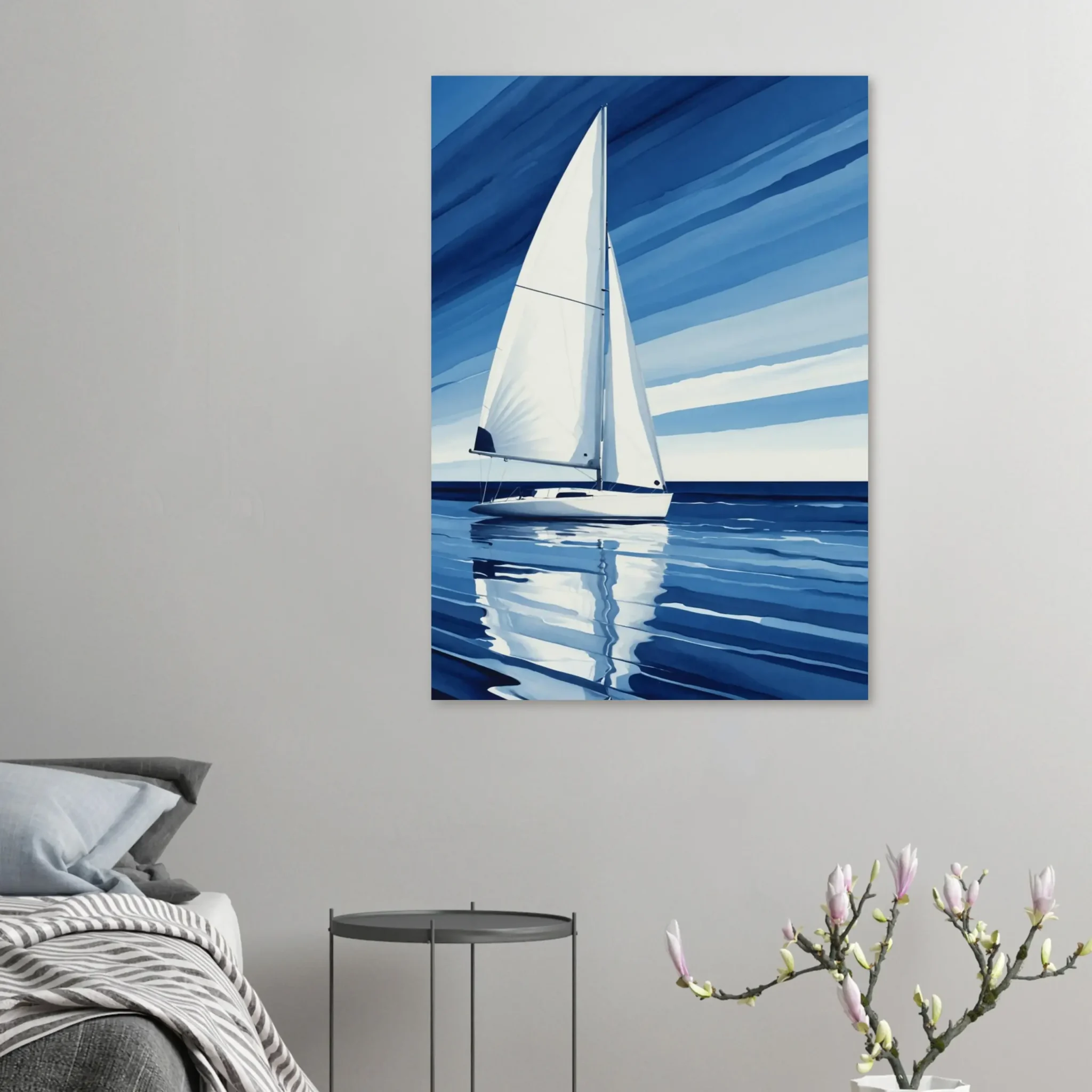 Minimalist sailboat seascape wall art featuring a solitary vessel, reflective water, and an open horizon. Fine art print from the ColorVanta US Store.