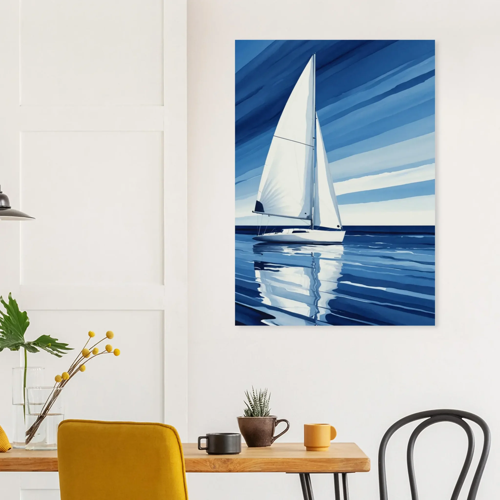 Minimalist sailboat seascape wall art featuring a solitary vessel, reflective water, and an open horizon. Fine art print from the ColorVanta US Store.