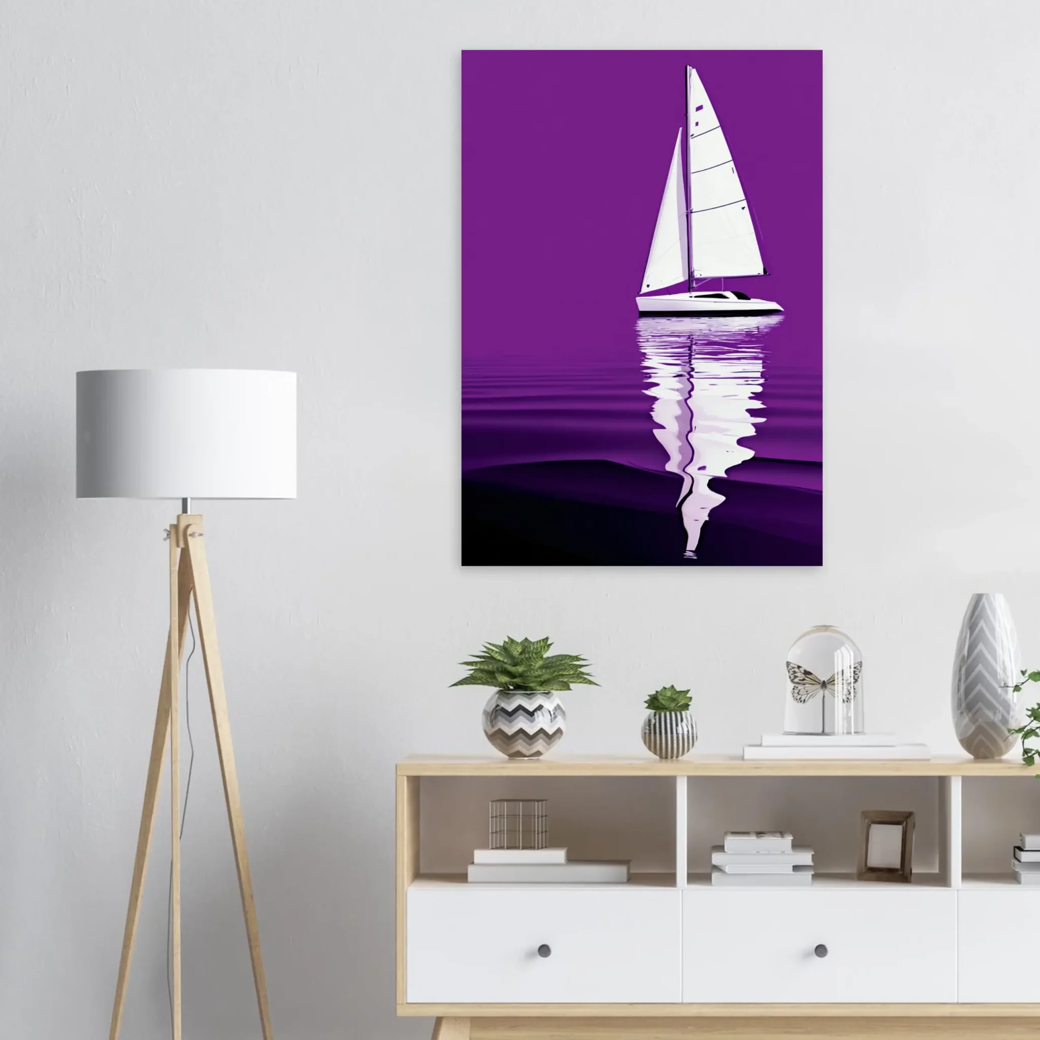 Minimalist sailboat seascape wall art featuring a solitary vessel, reflective water, and an open horizon. Fine art print from the ColorVanta US Store.