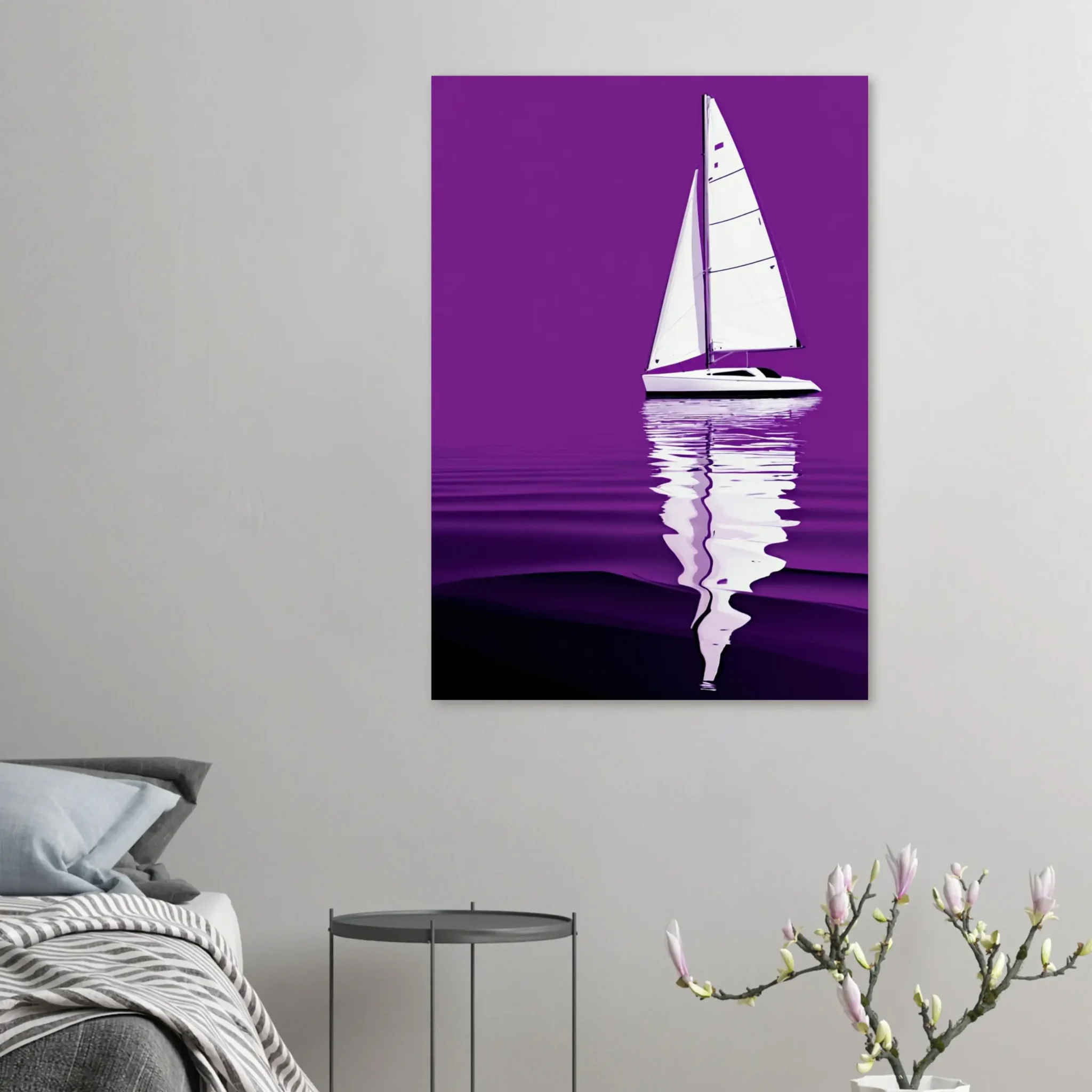 Minimalist sailboat seascape wall art featuring a solitary vessel, reflective water, and an open horizon. Fine art print from the ColorVanta US Store.