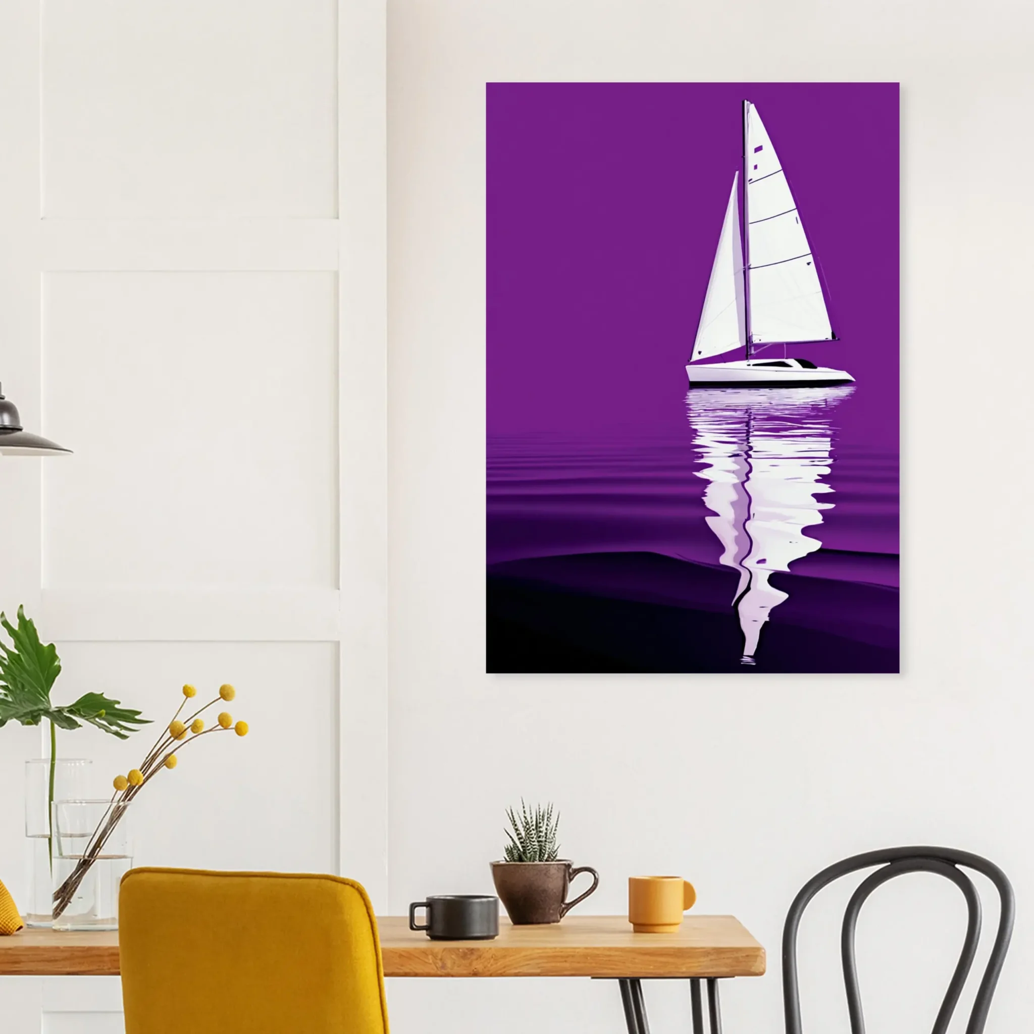 Minimalist sailboat seascape wall art featuring a solitary vessel, reflective water, and an open horizon. Fine art print from the ColorVanta US Store.